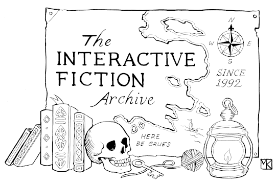 A map reading 'The Interactive Fiction Archive -- since 1992. Here be grues.' In front of the map are various books, a skull, a key, a ball of twine, and a brass lantern.